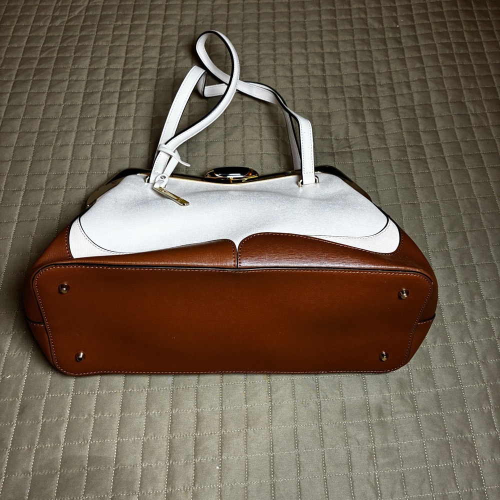 Cromia Italy Leather Handbag White Brown Satchel Frame Bag Saffiano - Picture 3 of 8
